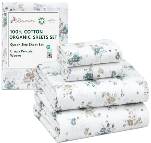 RUVANTI 100% Cotton Organic Percale Sheets Queen Size Halcyon