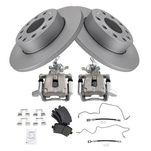 Image of TRQ Rear Brake Pad and Rotor Set Semi Metallic 260mm Coated Rotors Calipers Compatible with 2005 Volkswagen Jetta