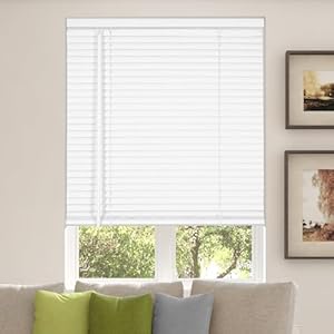 CALYX INTERIORS Room Darkening Vinyl Mini Blinds, Cordless, 1″ Slat, 26.5″ W x 60″ H, White. Inside Mount in Windows 26.75in. and Greater; Indoor Window Shades