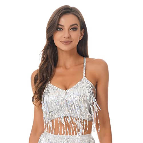 Freebily Reggiseno da Danza del Ventre Donna Crop Top con Paillettes Strass Glitter Reggiseno Imbottito Push up con Nappa Canotteria Vestito da Ballo Latino Rumba Salsa Argento A XL
