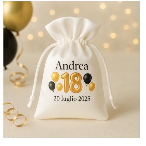 Sacchetto Bomboniera Personalizzato per 18 Anni, Elegante Porta Confetti con Nome Kit da N° 12 Pezzi (palloncini giallo neri)