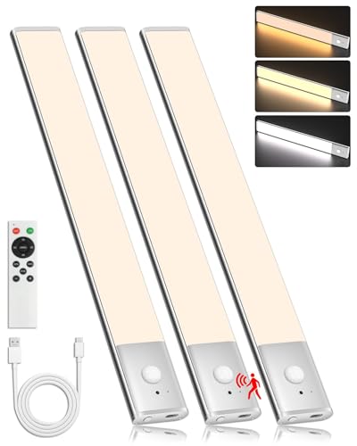 Image of Under Cabinet Lighting Wireless Motion Sensor Light Indoor, 12 inch Rechargeable Kitchen Bar Lights, 300LM Ultra-Bright Cabinet Lights with Remote, 2500mAH, USB-C, 3 Colors, 3 Pack​s