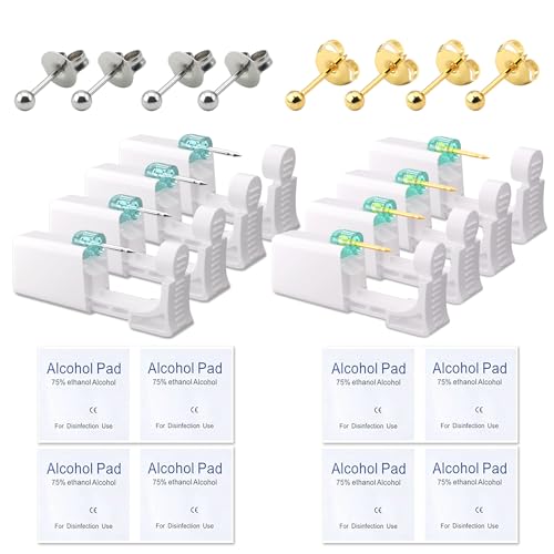 YINPAD 8 PCS Disposable Ear Piercing Kit, Self-piercing Ear Piercing Gun kit, Ear Piercing Gun Set with Golden Pea and Silvery Pea Style Stud Earrings (4 golden 4 silvery, peas)