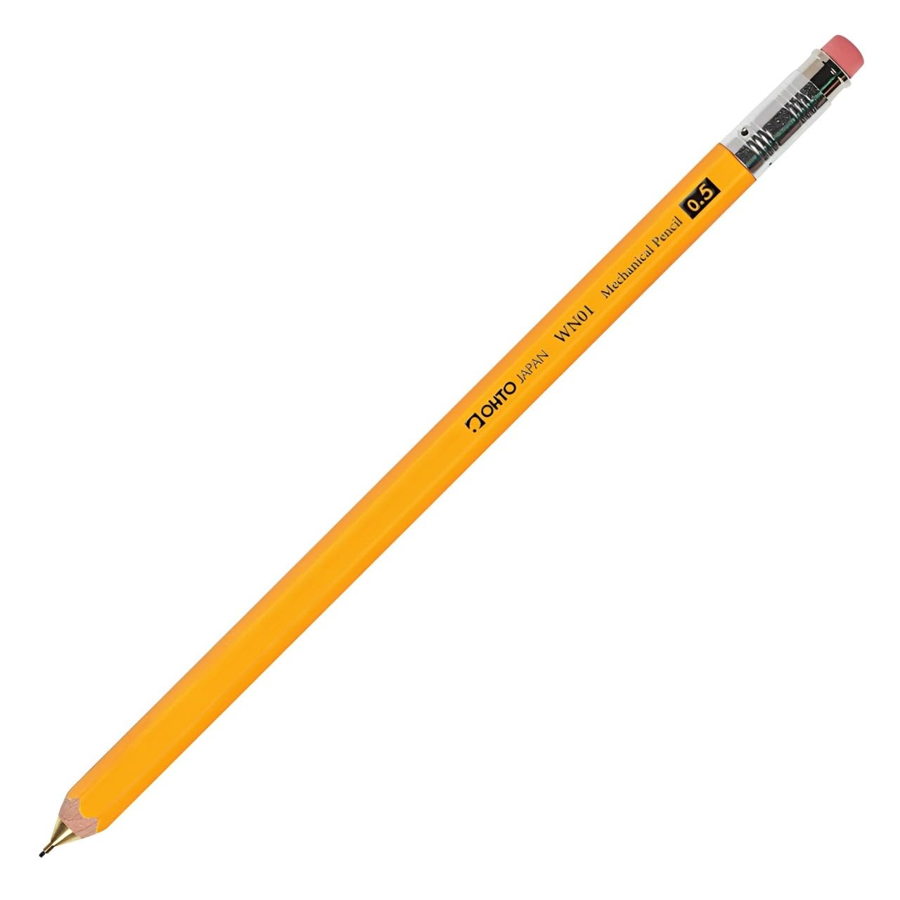 OHTO WN01 Wooden Mechanical Pencil, 0.5mm Fine Point, Standard Long Barrel, Yellow Body, Made from Incense Cedar, WN01-SP5-YL