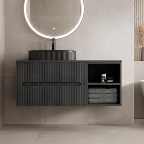 Vitusso® 1200mm Fluted Bathroom Cloakroom Vanity Unit Countertop Oval Basin Sink Wall Hung Storage Furniture Soft Close, RH Shelves, Black