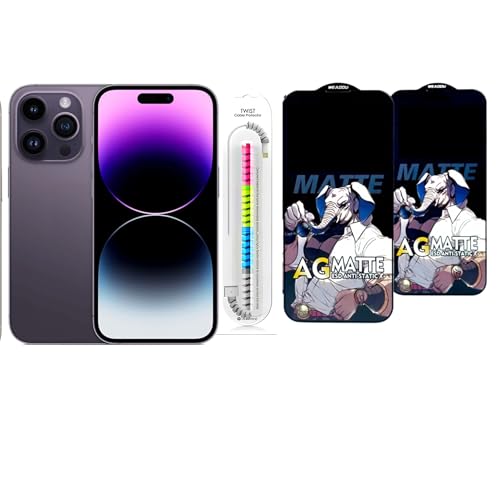 Image of Edge To Edge Matte Tempered Glass Screen Protector Compatible With iPhone 14 Pro Max, 9H Hardness, Anti-Fingerprint, FHD Clear With Cable Protector Pack 2