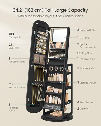 SONGMICS LED Jewelry Cabinet, 360° Swivel Jewelry Organizer, Lockable Mirror Jewelry Cabinet Standing, Rounded Wide Full-Length Mirror with Storage Shelves, Interior Mirror, Ebony Black UJJC036B014