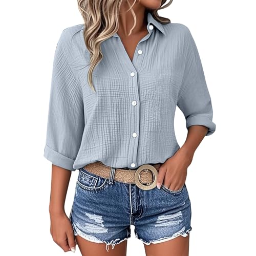 Womens Summer Muslin Blouse Lapel Collared Button Down 3/4 Sleeve Shirts Plus Size Tees Dressy Casual Business Tops(Gray,3X-Large