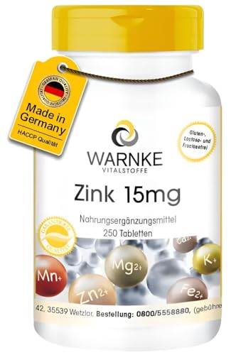 Zink 15 mg - 250 Tabletten für 250 Tage - schluckfreundlich, organische Form als Zinkgluconat, Spurenelement, vegan | Warnke Vitalstoffe - Deutsche Apothekenqualität