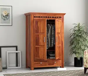 NISHANT HANDICRAFT Wooden Wardrobe for Clothes | Solid Wood 2-Door Wardrobe & 2 Shelves Storage | Solid Wood Large Cupboard Almirah: Storage Cabinet for Your Living Room (Honey)