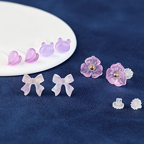 Plastic Earrings, KMEOSCH 4 Pairs Cute Lightweight Plastic Earrings for Sensitive Ears Surgery, Peach Flower Bear Bowtie3