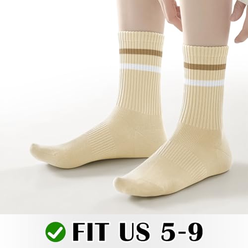 5 Pairs Cotton Crew Socks for Women, Casual Retro Soft Cozy Athletic Breathable Striped Tube Socks4
