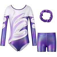 Valcatch Girls Gymnastics Leotards Three-Piece Gymnastics Set Long Sleeve/Sleeve Leotards with Shorts and Hairband Sparkling Ballet Dancing Unitards Athletic Outfit 5 6 7 8 9 10 11 12 Years