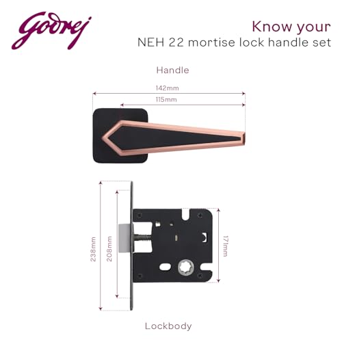 Image of Godrej Mortise Door Handle | Handle for Internal Doors, Bathroom Doors | NEH 22 | Retractable Baby Latch | Matte Black Rose Finish | Keyless Mechanism for Privacy | 5 Years Warranty