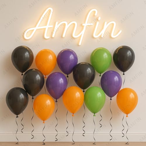 Image of AMFIN (Pack of 50) Halloween Party Balloons | Orange, Black, Purple & Green Latex Balloons | Spooky Party Decorations for Birthday, Halloween, Events & Celebrations