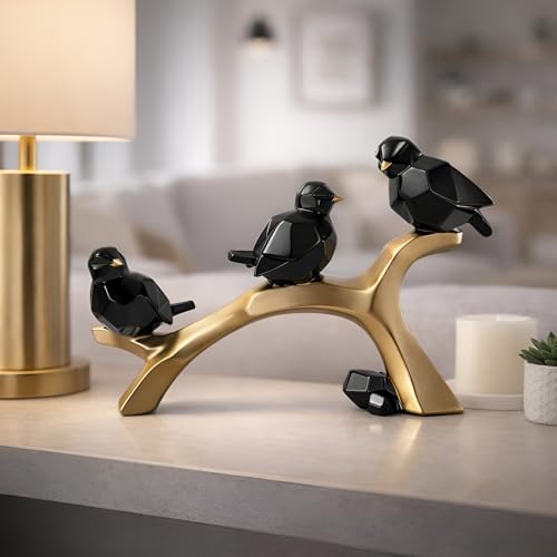 Image of Xtore Artistic Geometric Bird Figurine on Branch for Home & Office Decor | Contemporary Black & Gold Sculptural Showpiece for Living Room, Shelf & Console Styling (29.5 cm)