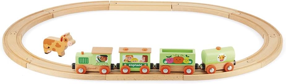 Janod Tren Granja Story Circuito de Madera-Incluye Figura de Vaca-Juguete de Estímulo-Motricidad Fina-Certificado FSC-Pintura al Agua-A Partir de 3 Años, J04630, Color Verde (JURATOYS