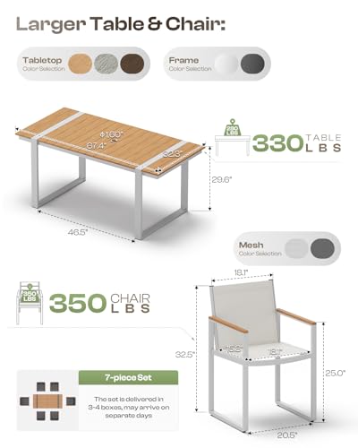 Image of Outdoor Dining Set, 7 Piece Aluminum Patio Furniture Set | Weather Resistant Outdoor Table and Chairs, HDPS Tabletop with Umbrella Hole, Textilene Mesh Chairs