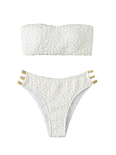 Makemechic Women's 2 Piece Bathing Suits Textured Cut Out Bandeau Bikini Set Swimsuit White L #TOP13