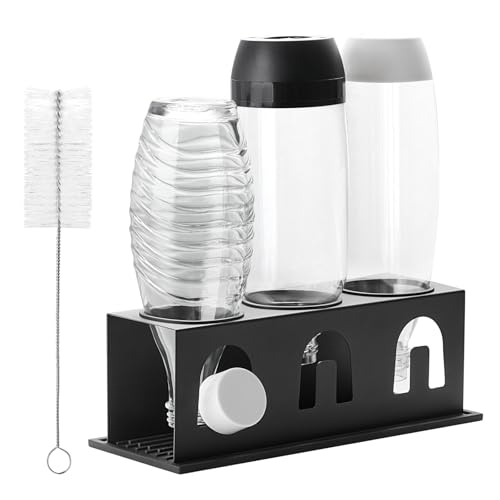 ACTIV Cuisine Flaschenhalter für Sodastream Duo Crystal Flaschen, 3er Edelstahl Abtropfhalter Abtropfgestell platzsparend, Breite 11cm, mit Abtropfmatte, Deckelhalter, Flaschenbürste, Schwarz 1
