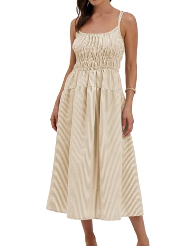 Image of Women's 2025 Summer Striped Smocked Maxi Dress Sleeveless Boho Sundress Double Strap Flowy Swing for Beach Vacation