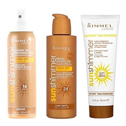 3 x Brand New Rimmel Sunshimmer Instant Tan Bundle Tan Spray Cream & Remover