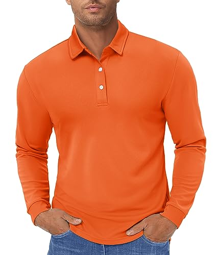 TACVASEN Tactical Polo Shirts for Men Long Sleeve Polo Lightweight T Shirt Quick Dry Running Top Orange,M