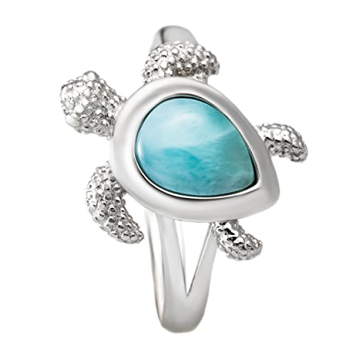 Aloha Jewelry Company 925 Sterling Silver Natural Larimar Sea Turtle Wedding Band Eternity Engagement Promise Ring, Nickel Free Hypoallergenic for Sensitive Skin, Gift Box Included