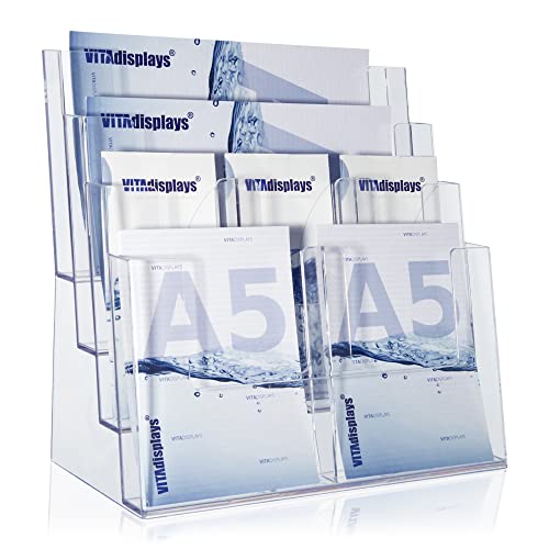 Taymar Prospektständer Tribüne für DIN A4, A5, DIN lang, DL, A6 Flyer, flexibler, transparenter Tischprospektständer als standfester Aufsteller, Flyerständer mit 4 Etagen, optional als Wand-Prospekthalter