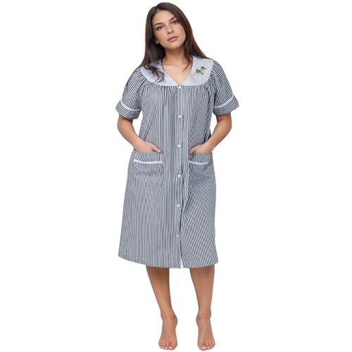 Image of Women's Short Sleeve Woven Snap-Front Closure Striped Embroidery Housecoat Duster Nightgown with Front Pockets
