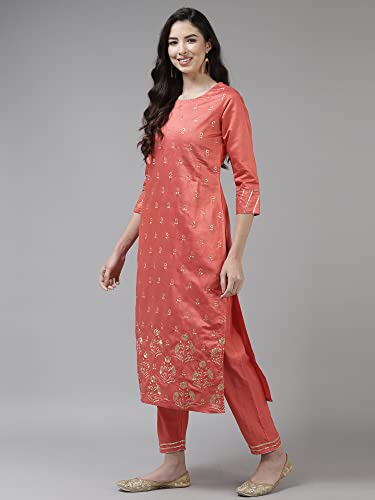 Image of INDO ERA Women's Embroidered Viscose Straight Kurta with Pant & Dupatta Set (Pink KH9PK9216 X-Large)