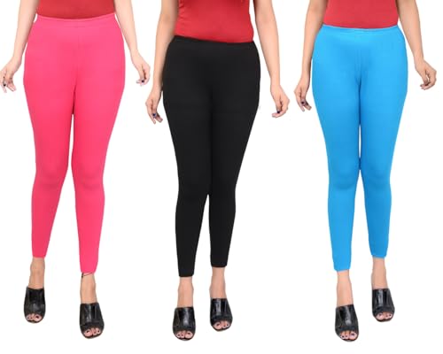 Image of Women Ankle Length Leggings Combo Multicolour Stretchable Cotton Yoga Gym Workout Pants Lyra Jeggings Casual Slim Fit