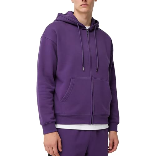 NIEEHBEGST Purple Mens Full Zip Up Hoodie Fleece Sweatshirt Sherpa Lined Casual Loose Fit Heavyweight Drawstring Essentials Hooded Jacket M