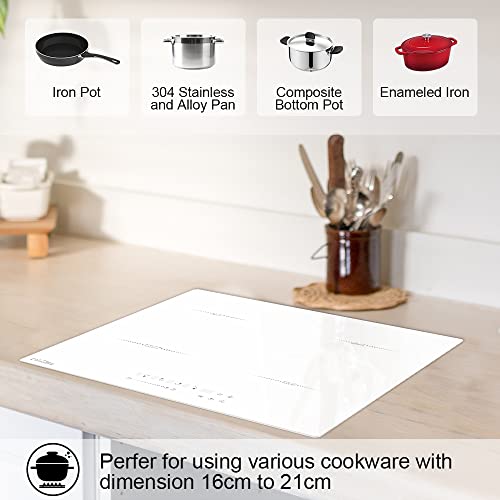 Covercook Induction Cooktop 4 Booster Burners Electric Cooktop, 23 Inch Bulit In Stove Top, Hardwire,White, Power Boost, 9 Power Levels, Kid Safety Lock, 220V 2800W #TOP6