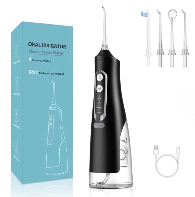 Oryzom Hydropulseur Sans fil Pour un Soin Dentaire & Buccal optimal - Jet Dentaire pour Gencives 5 Modes & 4 Embouts, Réservoir de 300 ml, Étanchéité IPX7, Prenez soin de votre Bouche (Noir)