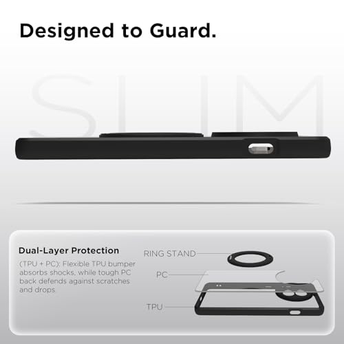 Image of RIGGEAR Shockproof Sleek Hybrid Armor 360 Rotating Magnetic Ring Stand Back Cover Case Compatible with MagSafe Accessories for OnePlus 13R (Clear PC + Black TPU Bumper)