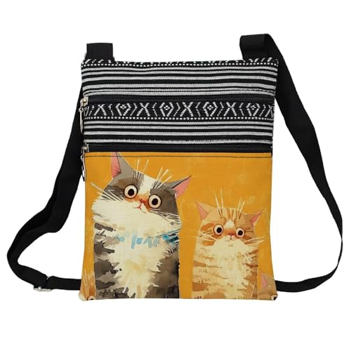 Lovely Cats Messenger Bag Small Ethnic Pattern Printed Adjustable Strap Crossbody Zipper Bag Lovely Cats Phone Bag Wallet Cute Shoulder Handbag for Women