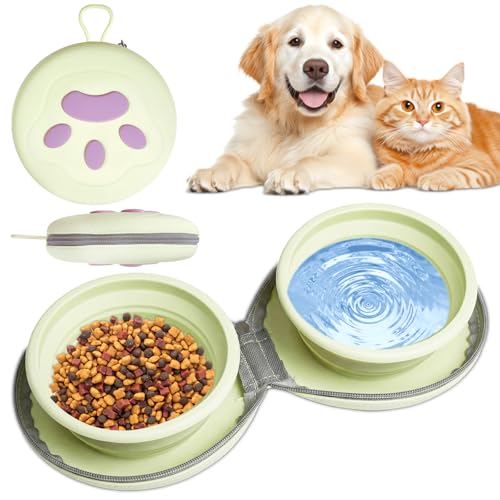 Mugtide Confezione da 2 Ciotole Pieghevoli per Cani, Ciotole da Viaggio in Silicone per Animali Domestici, Ciotole da Viaggio Portatili per Cani, Ciotole D'acqua Pieghevoli, 450 ML (Verde)