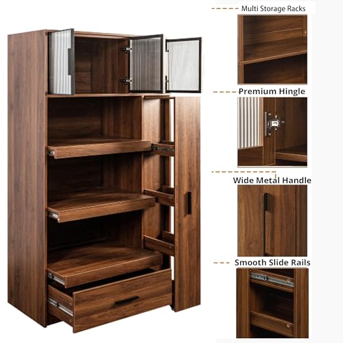 Image of Farmhouse Kitchen Pantry Cabinet, 70.87 inch Tall Freestanding Cupboard with Multi-Tier Storage Rack and Microwave Stand for Kitchen, Dining Room, Dark Walnut