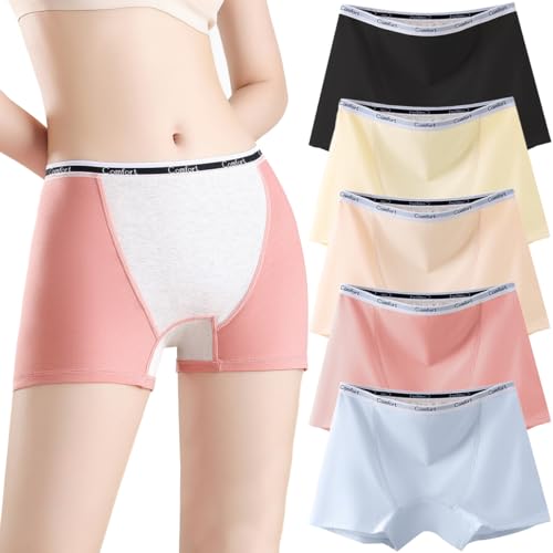 Paquete de 5 Calzoncillos Bóxer de Algodón para Mujer Bragas menstrual a prueba de fugas de talle medio Pantalones de Seguridad debajo de la Falda Calzoncillos Impermeables para Incontinencia,M