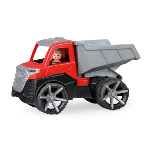 Lena 04530 - TRUXX² Kipper, Baustellenfahrzeug ca. 28 cm, Muldenkipper LKW mit vollbeweglicher Spielfigur, robuster Kipplaster, Mulde kippbar, für Kinder ab 2 Jahren, Speilfahrzeug rot/Silber