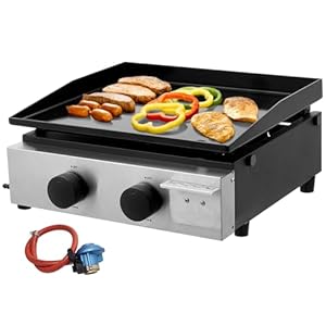 Warmiehomy 2 Burner Portable Gas BBQ Barbecue Grill, Small Gas BBQ Grill Ceramic Coated Cast Iron Plate with Built-in Thermometer for Outdoor Camping Cooking, 45x46x21cm