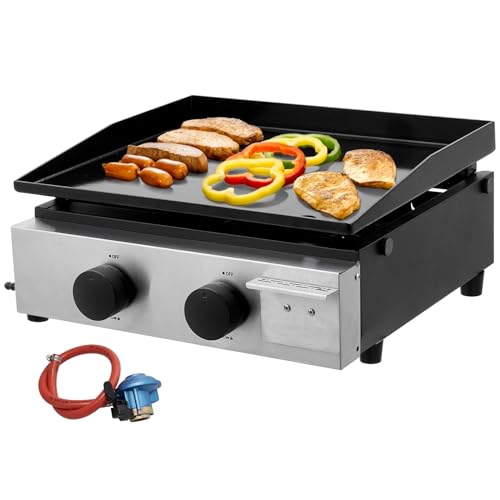 Warmiehomy 2 Burner Portable Gas BBQ Barbecue Grill, Small Gas BBQ Grill Ceramic Coated Cast Iron Plate with Built-in Thermometer for Outdoor Camping Cooking, 45x46x21cm