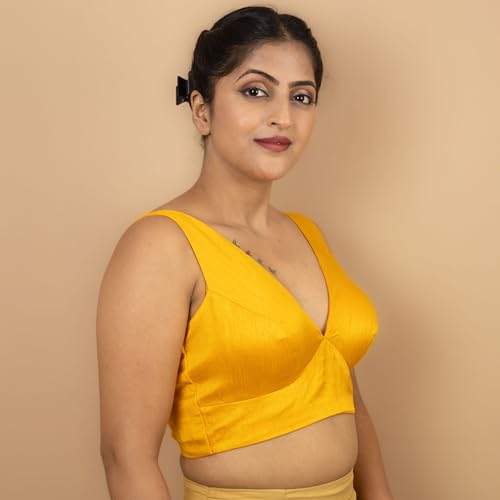 Image of FIGURE'S DESIGNER Women's Dupion Raw Silk Sleeveless V Neck Sabyasachi Cut Readymade Saree Blouse Padded Stitched S4