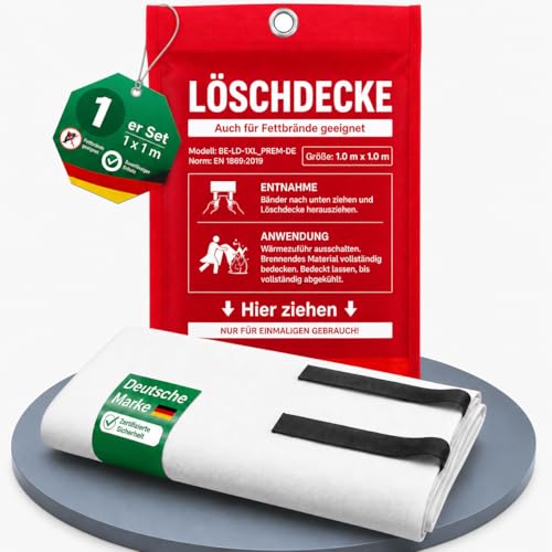 Brandengel Feuerlöschdecke 1x1 m DIN EN 1869:2019 geprüfte Löschdecke für Fettbrand & Küche Feuerdecke aus Glasfaser für Haushalt Werkstatt Auto Grill & Camping