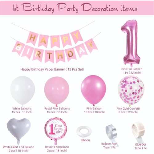 Image of Baby Girls 1st Happy Birthday Balloons Decoration Kit - 71 Pcs Garland Set for Birthday Parties & Celebrations | Birthday Decoration Set Party Supplies for Kids & Girls