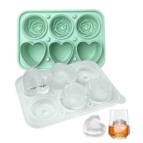 Image of Rose Ice Cube Mold, Heart Shapes Ice Cube Tray, Silicone Ice Mold Fun Shapes with Clear Funnel-type Lid, 3 Heart & 3 Rose Ice Balls for Chilling Whiskey Cocktails Drinks, Green