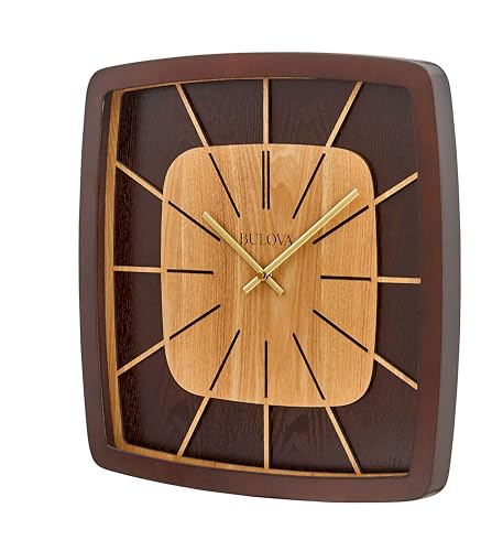 Bulova Clocks C4382 Darien 15.75 Mid-Century Wall Clock Solid Hardwood Espresso Frame Retro Wooden Dial Radiating Hour Markers Accurate Quartz Movement