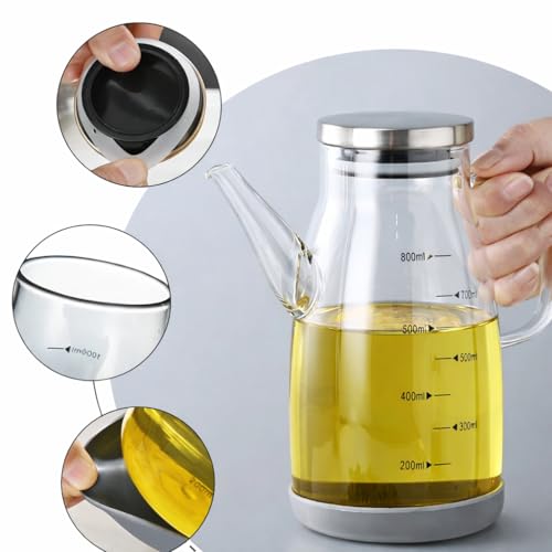 Image of 800ml Borosilicate Glass Oil Dispenser with Anti-Drip Spout & Leakproof Lid | BPA-Free Kitchen Jar with Measurement Markings | Silicone Base | For Oil, Vinegar, Soy Sauce & Seasonings(800ml)