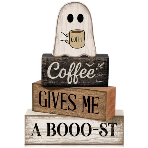 Lineshading 4 Pcs Halloween Tiered Tray Decor, Wooden Ghost Coffee Blocks